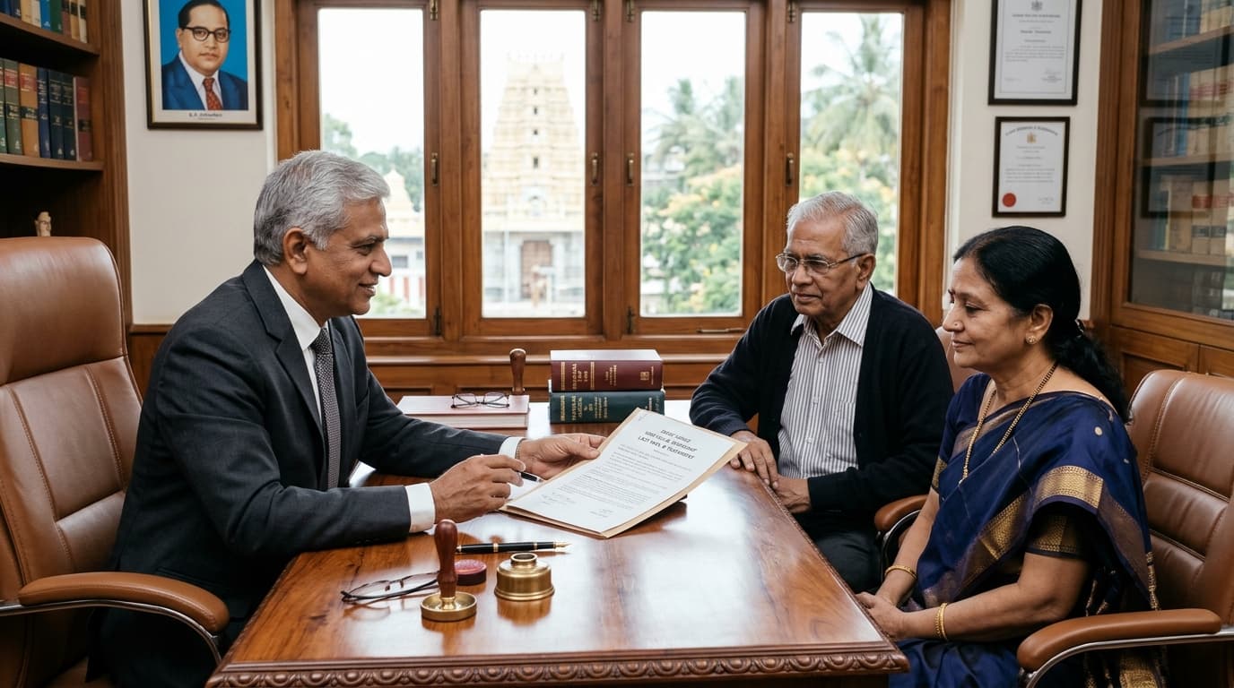 Senior Indian advocate advising retiree clients on legal Will drafting in Mysuru Karnataka