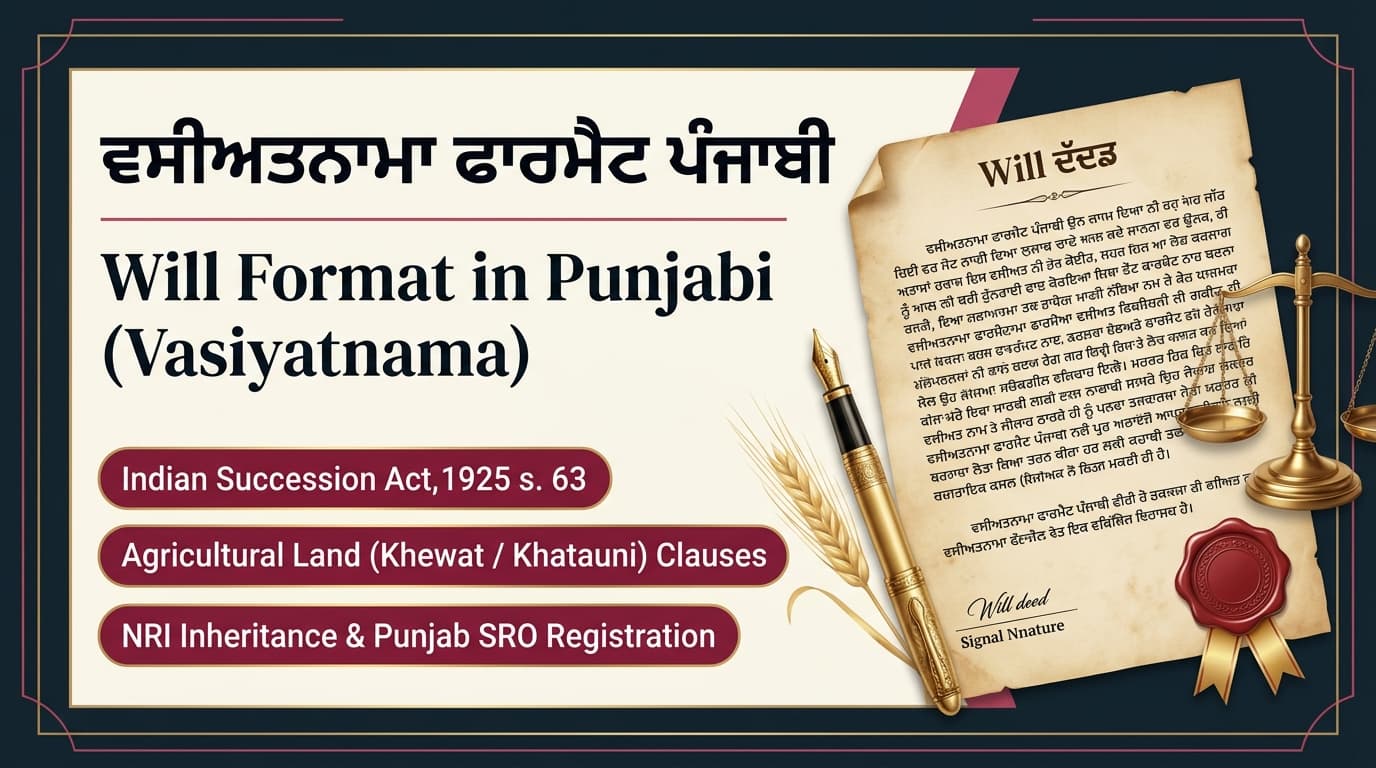 ਵਸੀਅਤਨਾਮਾ ਫਾਰਮੈਟ ਪੰਜਾਬੀ - Will Format in Punjabi Legal Document Structure with Agricultural Khewat and NRI Clauses
